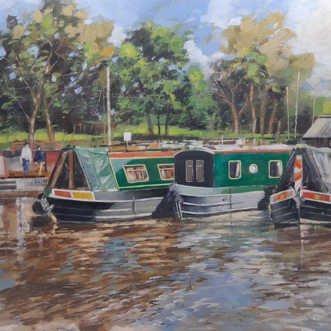 Painting of canal barges at Norbury Junction in Staffordshire.