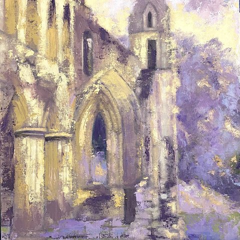 Painting of a church with arched windows and doorway... church steeple in the background.